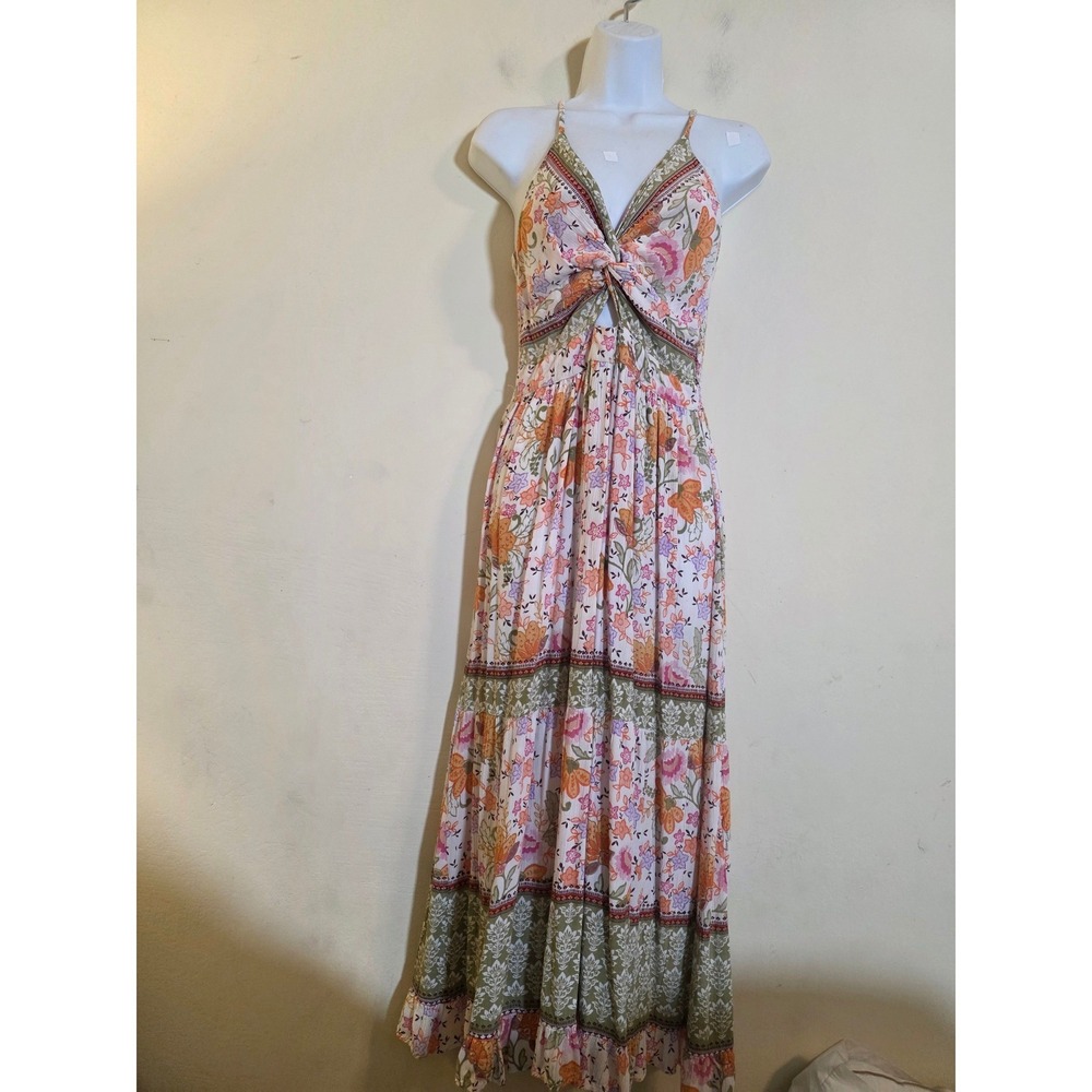 Angie Floral Boho Maxi Dress Pink Green Tiered Smocked Back Sleeveless Medium